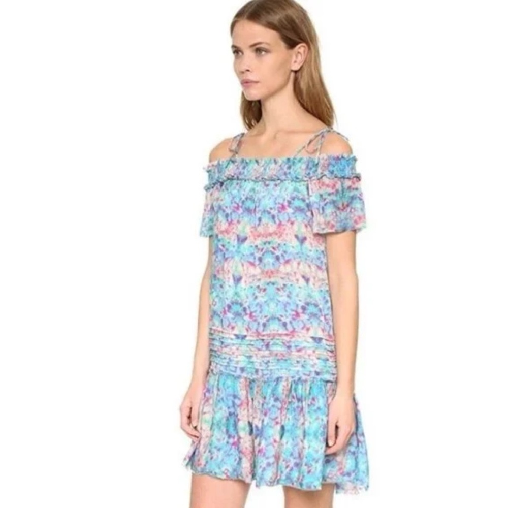 Pepin | Willa Off The Shoulder Smocked Blue Watercolor Ruffle Dress Women's Sz 0